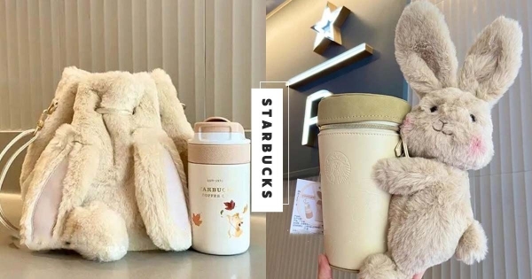 【海外】兔兔趴在杯套上！♡　星巴克「中秋新品」毛茸茸模樣巨Q　「後背兔兔包」一包兩用買到賺到！　